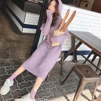 Harajuku Hooded Lang Sweater Dress Kvinder Strikker Løs Sweater, Lange Kjoler Plus Size Kvinder Tøj