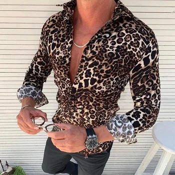 Mode til Mænd Luksus Lange Ærmer Leopard Printet Turn-down Krave Skjorte Slim Fit Afslappet Elegant Shirts Toppe