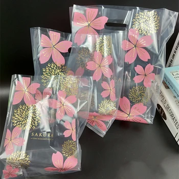 50stk Pink Cherry Blossoms Plast gavepose Klud Opbevaring Shopping Taske Jul Bryllup Part Gave Dessert Emballage Pose