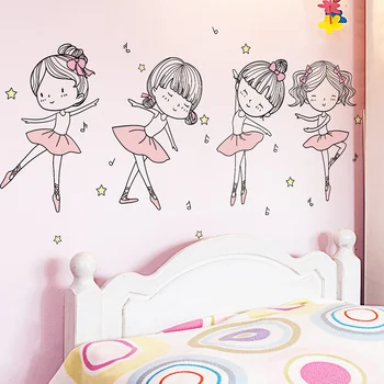 [SHIJUEHEZI] Tegnefilm Ballet Girl Danser Wall Stickers DIY Mælkebøtte Blomster vægoverføringsbilleder for Kids Room Baby Soveværelse Dekoration