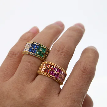 Rainbow baguette cz cubic zirconia Guld fyldt engagement wide band ring for kvinder USA hot salg drop shipping kvindelige smykker