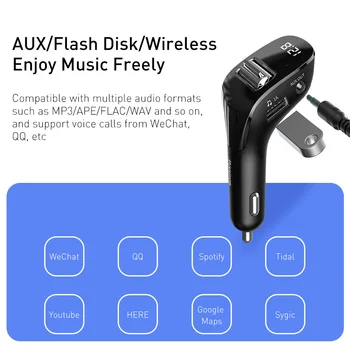 Baseus Bil Oplader til Mobiltelefon, FM-Senderen Aux-Modulator Bluetooth-5.0 Håndfri Lyd MP3-Afspiller med Dobbelt USB Bil Oplader
