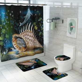 4stk 3D Ocean World Trykt bademåtte og Brusebad Gardin Sæt Polyester, Vandtæt badeforhæng Toilet Badeværelse Tæpper Tæppe Måtter