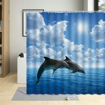 3D Sollys Ocean Design Dolphin badeforhæng Dyr Hval Udskrivning Vandtæt Hænge Gardiner Med Kroge Badeværelse Indretning