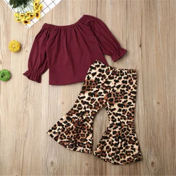 Efteråret Nyfødte Barn Kid Baby Pige Tøj Solid langærmet Toppe, T-shirt+Leopard Blusset Bukser Outfit Tøj Sæt 1-6Y