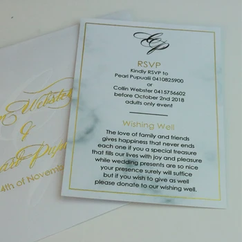 50,-Personlig Marmor, guld afværget Bryllup invitation kort +kuverter-tilpassede prinitng