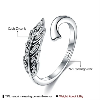 SILVERHOO Ægte 925 Sterling Sølv Fjer Vinger Åbne Justerbar Finger Ringe Til Kvinder, Små Zircon Vintage Ring Smykker