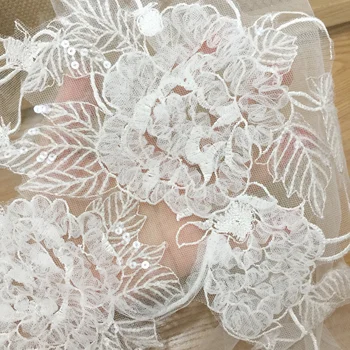 4 stykke 3D-Lace Applique til Bryllup Kjole, Lys Elfenben Paillet Beaded Blonde Unikke Spejlet Par Brude Lace Applique, Tyl Broe