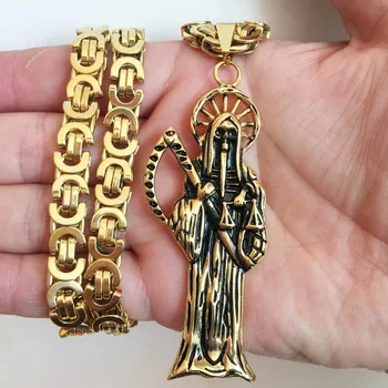 Santa Muerte Hellige Død Grim Reaper Guld/sort Tone Vedhæng med 8.5 MM flad byzantinske Kæde
