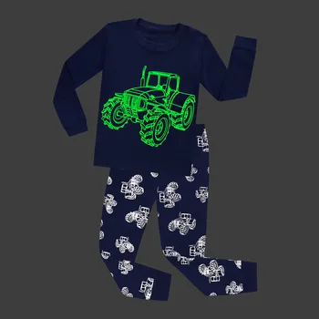 Fashion Børn Fuld Ærme Glød i Mørke Navy Lastbil Drenge Pyjamas Pyjamas Børn Pijamas Baby Glød i Mørke Pyjamas Sæt