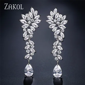 ZAKOL Luksus Cluster Blad Zirconia Krystal Kvinder Lang Dingle Drop Øreringe med Sølv Farve Dråbeformet for Brude Bryllup Smykker