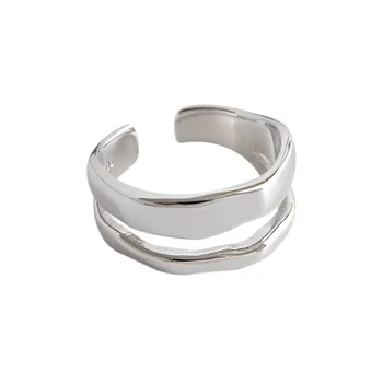 LouLeur Ægte 925 Sterling Sølv Åbne Ringe Minimalistisk Glat Dobbelt Linje Uregelmæssige Ringe til Kvinder, Mode, Fine Smykker Gaver