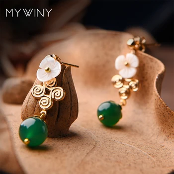 Nye vintage kobber øreringe til kvinder,grønne natur sten Etnisk øreringe smykker,mode shell blomster dingle øreringe