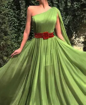 2020 Grøn arabisk Kjole til Aften i Lang Sexet Ene Skulder Chiffon Formel Aften med Bælte robe de soiree Aften Kjoler For Kvinder