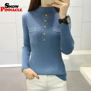 Kvinder trøjer slank halv-turtleneck-knapperne strikket sweater mode kontor dame strikket trøje til efteråret kvindelige strik