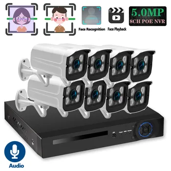 Ansigtsgenkendelse H. 265+ 8CH 5MP HD POE NVR Kit CCTV sikkerhedssystem 5MP AI IP Kamera Udendørs P2P Videoovervågning Sæt 2TB HDD