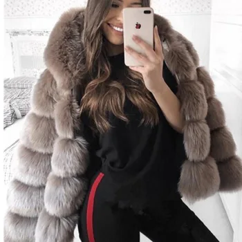 Hætte Imiteret Fox Fur Coat Kvinder 2020 Efterår Og Vinter Tykke Varme Jakker Kvinder Casual Plus Size Slank Pels Oversize Vintage Tøj