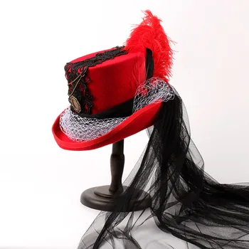 4 Størrelsen Håndarbejde Rød Uld Kvinder Steampunk Top Fedora Hat Til Lady Mad HatterMesh Traditionelle Beaver Part WeddingTop Hat 13,5 CM