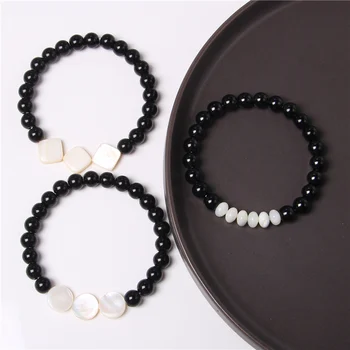 Naturlig Hvid Shell Charm Perler Armbånd Sort Mode For Kvinder, Mænd, Par Afstanden Enkelhed Armbånd Smykker Elskere Gaver