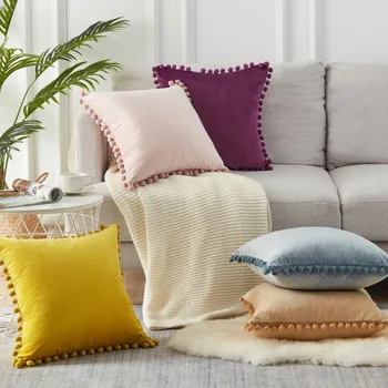 2021 blød plys velvet dekorative pudebetræk med bolden home decor for sofa sæde soveværelse pudebetræk pink gul pude dækker