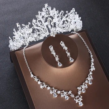 Brude Smykker Crown Halskæde Og Øreringe Sæt Tiara Rhinestone Bryllup Brude Tilbehør Krystal Smykker Sæt