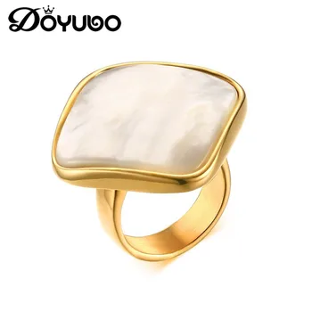 DOYUBO Klassisk Kvinders Rustfrit Stål, Guld Farve Ringe Med Parallelogram Farverig Shell Høj Poleret Lady Finger Ring DE027