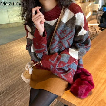Mozuleva 2020 Efterår og Vinter Argyle Trykt O-Hals Fuld Ærmet Trøje til Kvinder med Kvindelige Regelmæssig Strikket Sweater Pullovere