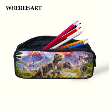WHEREISART Jurassic Verden, Trykning Lærred Lynlås penalhuse Dinosaur Mønster Pen Tasker skoleartikler Pencilcase Tilpasset