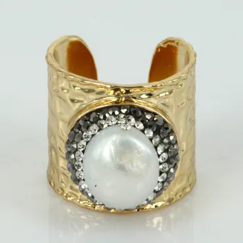 Naturlige stor perle druzy finger ringe naturlige perle ringe bane rhinestone håndlavede perler ring mode smykker