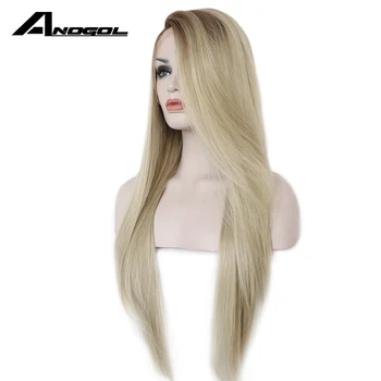 Anogol Høj Temperatur Fiber Glueless Lange Lige Ombre Brun til Blond Syntetisk Blonde Front Paryk for Hvide Kvinder