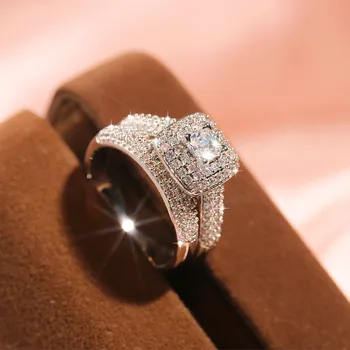 Luksus Kvindelige Hvid Krystal Stor Ring I Sølv Farve Forlovelsesringe For Kvinder Vintage Brude-Pladsen Zircon Bryllup Ring Set