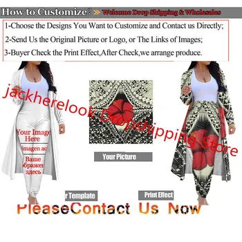 Jackherelook Polynesisk Stil Tribal Tattoo Print Elegant 2-Stykke Tøj Foråret Efteråret Åben Front Cardigan Tynde Lange Bukser Sæt