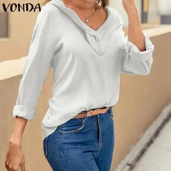 2021 Mode langærmet Blusas Dame Sexy V hals Shirts VONDA Bluse Plus Size Tunika Toppe Damer Kontor Fast Casual Top 5XL