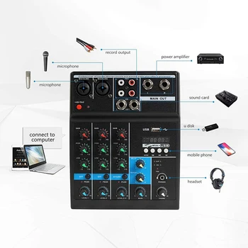 Professionel 4-Kanals Bluetooth Audio Mixer Sound Mixing Console-Audio Interface, USB-lydkort til Computeren med Hjem Karaoke