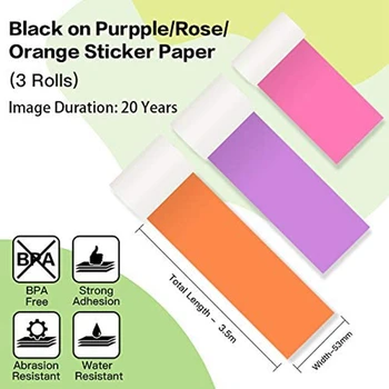 3Pcs Farverige Termisk Klistermærke Papir M02/M02 Pro/M02S Mini-Printer, Sort Karakter på Lilla/Rosa/Orange