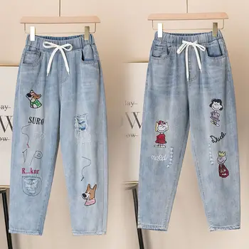 Rippet Høj Talje Mødre Jeans Plus Size Denim Bukser For Kvinder, Kvindelige Vintage Broderi Elastisk Talje Ankel Længde Baggy Bukser