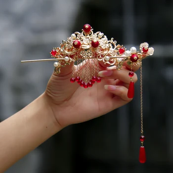 Bruden Tiara Hårnål Kinesisk Stil Bryllup Hår Tilbehør Til Små Phoenix Coronet Brude Traditionelle Hår Crown