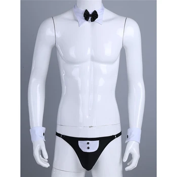 Herre Butler Tjeneren Undertøj, der Passer Åben Ryg Tuxedo G-streng Undertøj med Bow Tie Krave og Armbånd, Sexede Kostumer