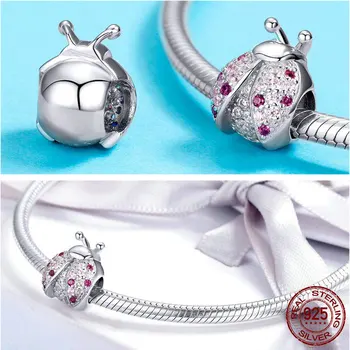 Sølv 925 Sterling Sølv Mariehøne infinity-fodaftryk Perler Pink Klare CZ Charms Passer Oprindelige Pan Armbånd Smykker