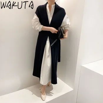WAKUTA Elegant Strik Midi-Kjole med Bælte Dame New Fall Fashion koreanske Retro Løs Kontor Slid Damer OL Strikke Lange Kjoler