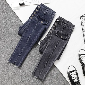 Single-breasted jeans Kvinde 2020 forår, sommer, høj talje elastisk denim blyant bukser kvindelige mode kausale jeans
