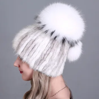 Kvinder strikkede Mink-Pels Hat stilarter kvindelige pels Hætte med fox fur pompom foring Kvinder Vinteren Hovedbeklædning piger hatte til huer